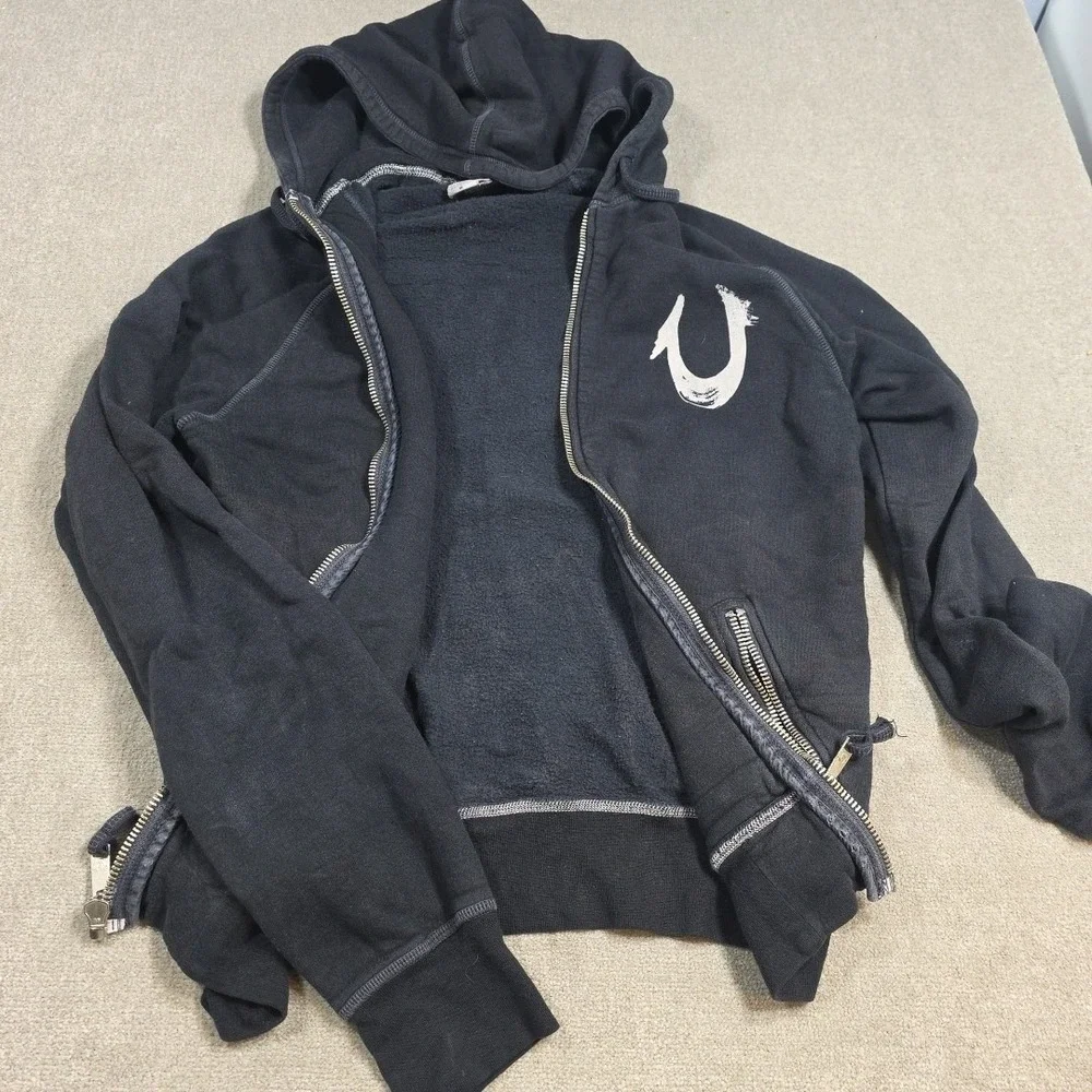 Vintage Tag True Religion Hoodie Sweatshirt‎ Mens Medium Black Zip Up Pockets